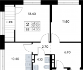 2-комн, 54 кв м, этаж 9/25 улица Зелёный бульвар, 19 с2