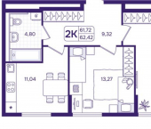 2-комн, 62 кв м, этаж 4/17 улица Борисенко, 100Е с3