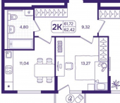 2-комн, 62 кв м, этаж 11/17 улица Борисенко, 100Е