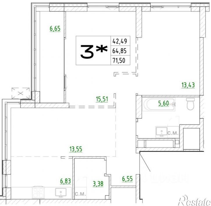 3-комн квартира в новом доме Бежецкая улица, 1 с2,  д. 1 с2