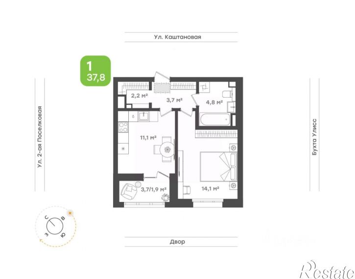 1-комн квартира в новом доме 3-я Поселковая улица, 16/1,  д. 16/1