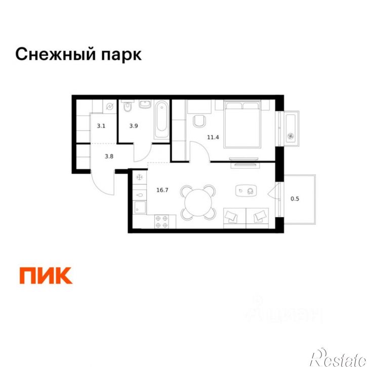 1-комн квартира в новом доме ЖК Снежный Парк, 3