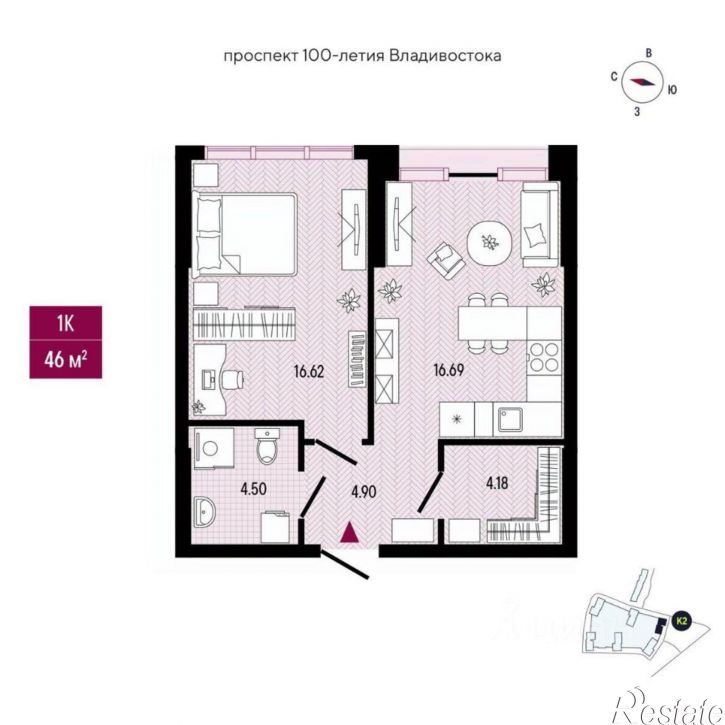 1-комн квартира в новом доме пр-кт 100-летия Владивостока, 105А 5,  д. 105А 5,  к. 5