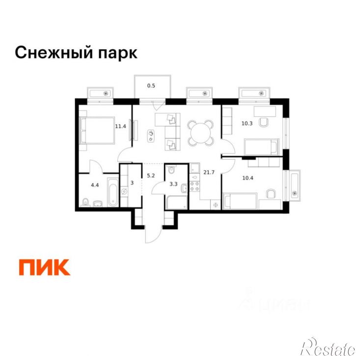 3-комн квартира в новом доме ЖК Снежный Парк, 3