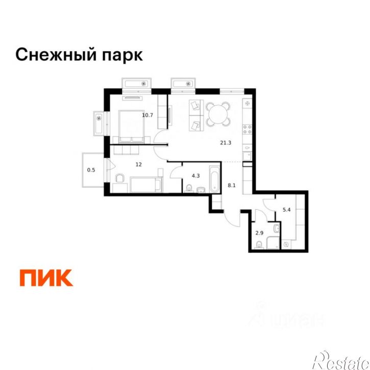 2-комн квартира в новом доме ЖК Снежный Парк, 3
