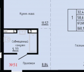 1-комн, 60 кв м, этаж 7/24 ул Анны Щетининой, 20
