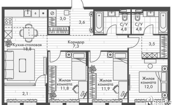 3-комн квартира в новом доме ул Крылова, 10/1,  д. 10/1