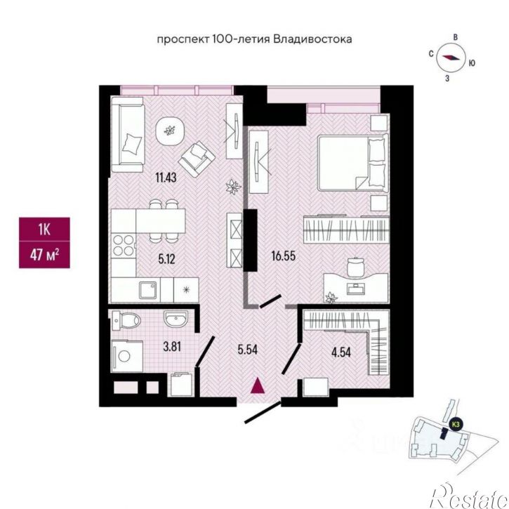 1-комн квартира в новом доме пр-кт 100-летия Владивостока, 105А 15,  д. 105А 15,  к. 15