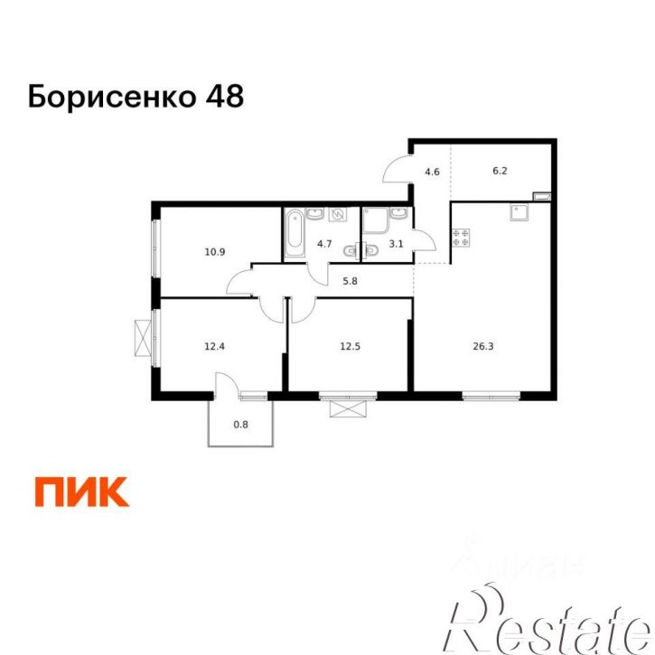 3-комн квартира в новом доме улица Борисенко, 48/3,  д. 48/3